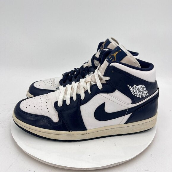 Nike Air Jordan 1 Mid Men Size 10.5 554724 174 White Metallic Gold Obsidian Shoe - Picture 1 of 11